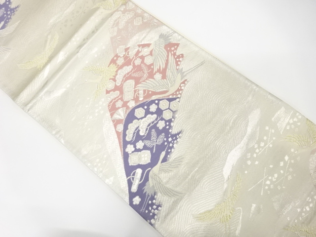 JAPANESE KIMONO / ANTIQUE FUKURO OBI / SILK / WOVEN MOUNTAINS & CRANES & TREASURES